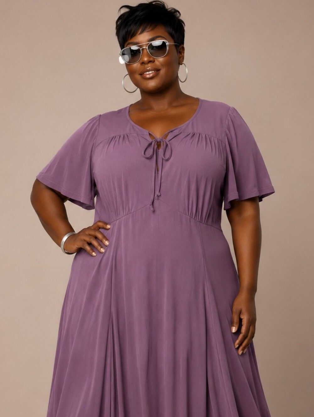 Women's Size 26 Plus Size V-neck Short Sleeve Midi Dress Purple